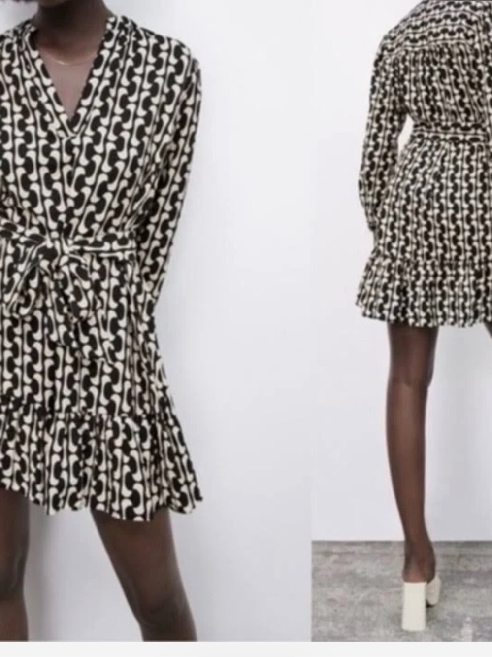 Zara Black & Cream Printed V‑Neck Tie‑Waist Mini Dress